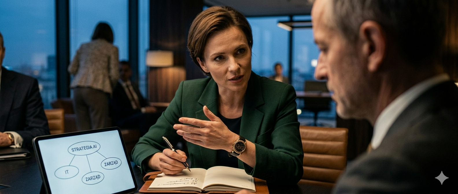 lider na spotkaniu zarządu omawiający strategię wdrożenia AI w organizacji