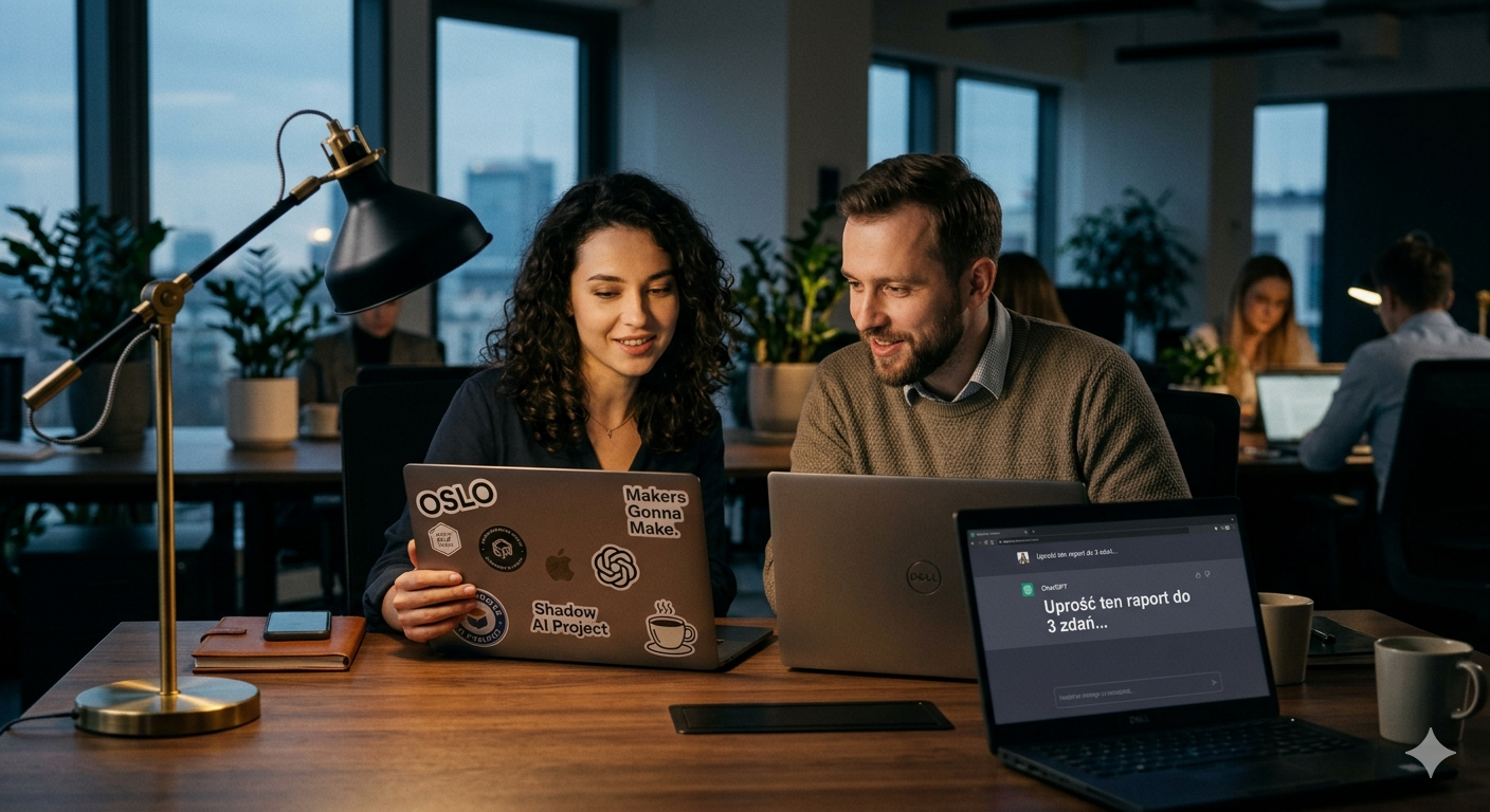 pracownicy korzystający z narzędzi AI na laptopach podczas pracy w biurze